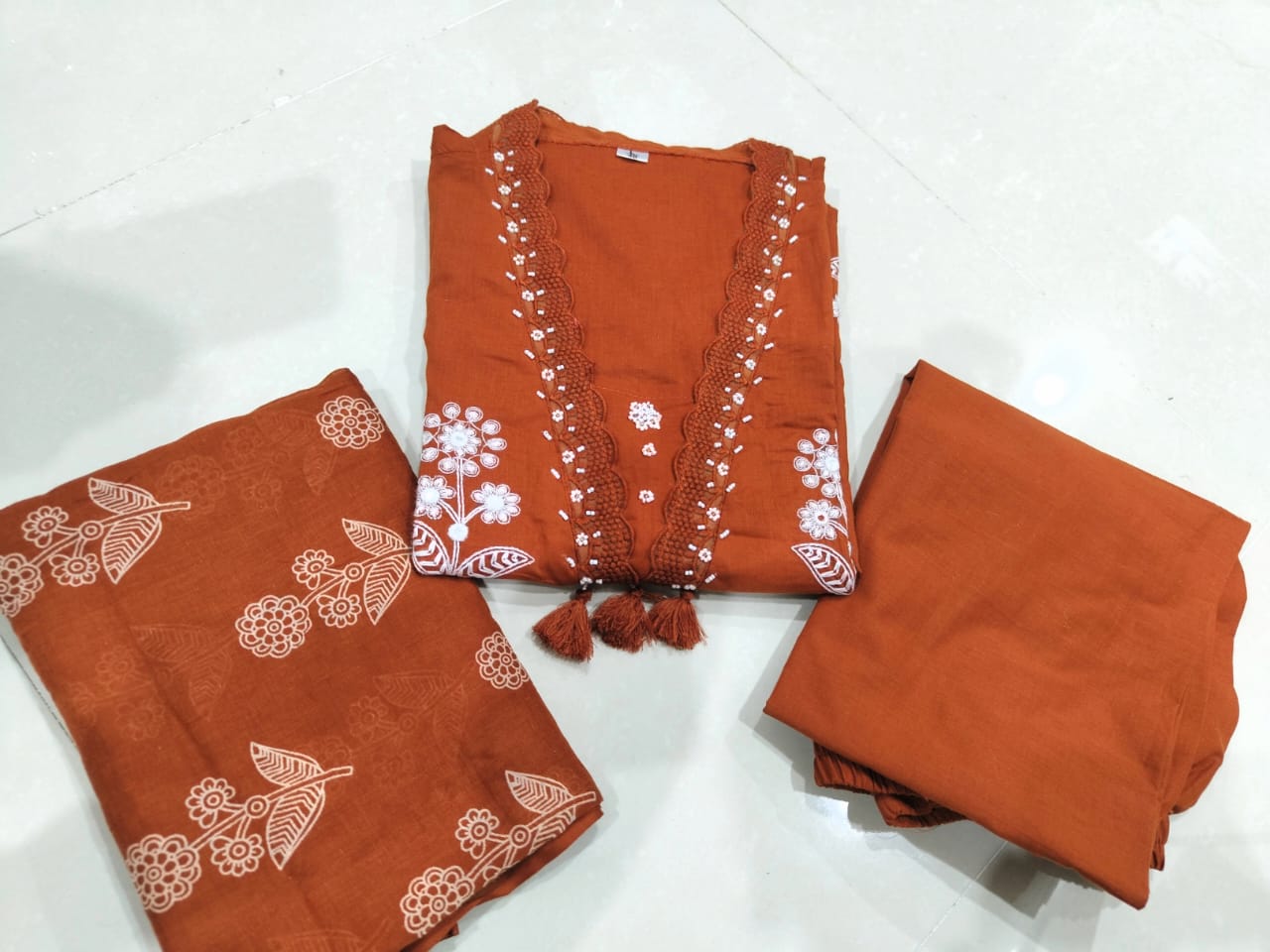 Floral Rust Embroidered Suit Set with Dupatta