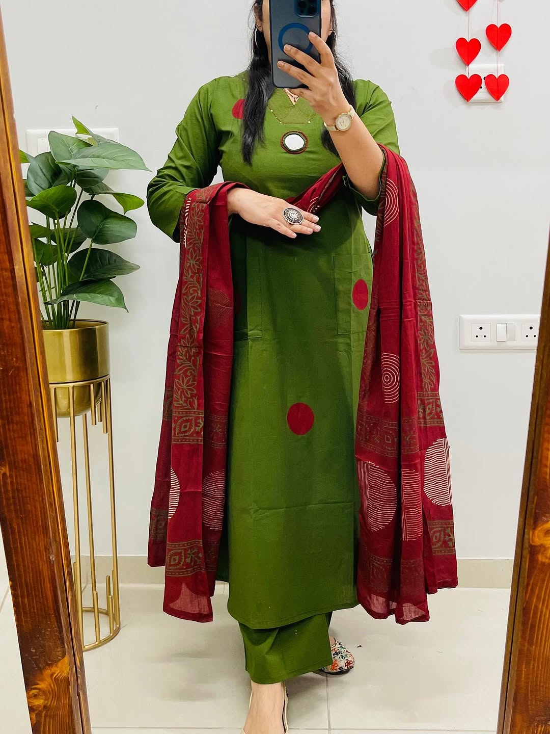 Green Suit Set with Mehroon Dupatta