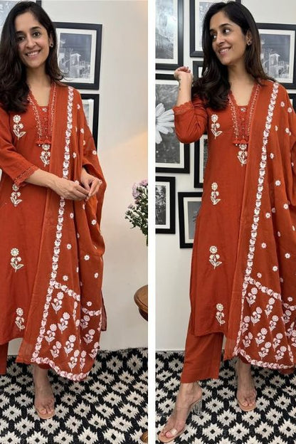 Floral Rust Embroidered Suit Set with Dupatta