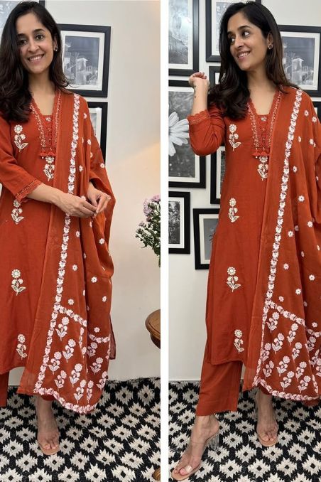 Floral Rust Embroidered Suit Set with Dupatta