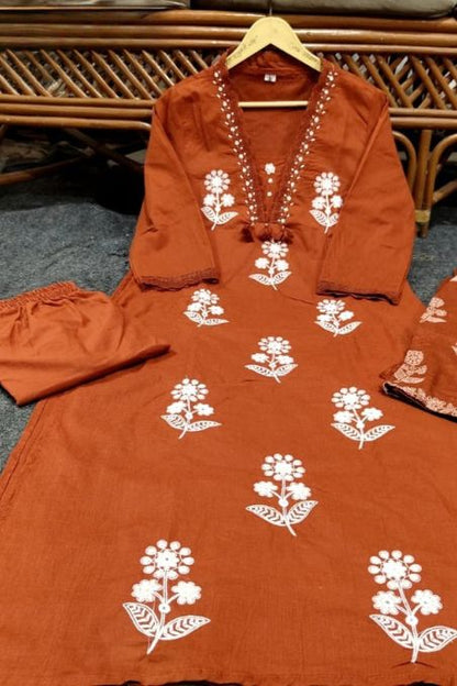 Floral Rust Embroidered Suit Set with Dupatta