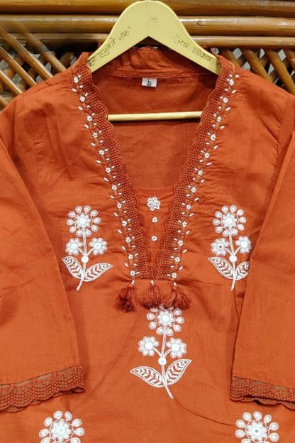 Floral Rust Embroidered Suit Set with Dupatta