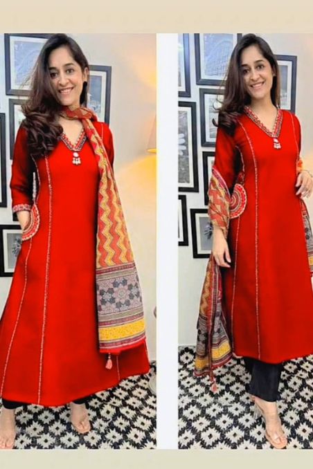 Designer A-line Embroidered Suit Set with Dupatta