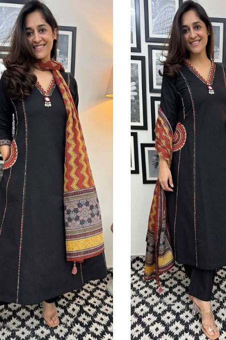 Designer A-line Embroidered Suit Set with Dupatta