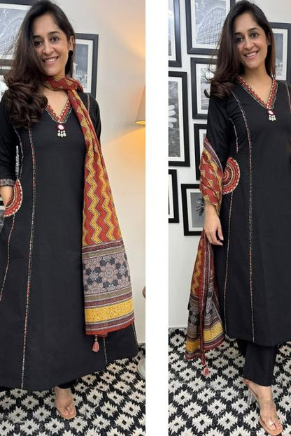 Designer A-line Embroidered Suit Set with Dupatta