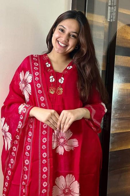 Elegant Floral Embroidered Suit Set with Dupatta