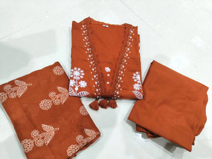 Floral Rust Embroidered Suit Set with Dupatta