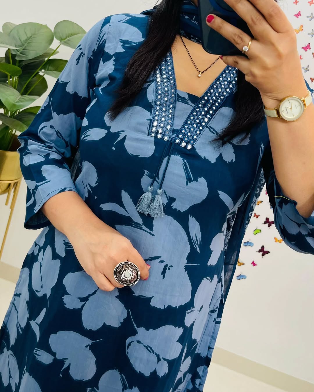 Designer Floral Embroidered Suit Set with Dupatta