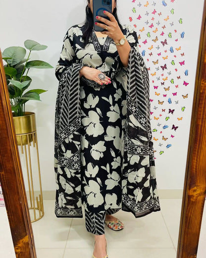 Designer Floral Embroidered Suit Set with Dupatta