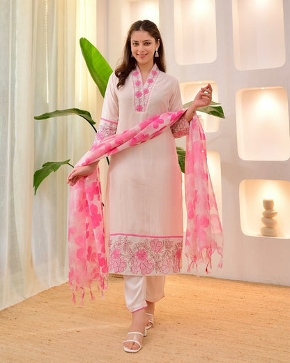 Elegant White Embroidered Suit Set with Dupatta