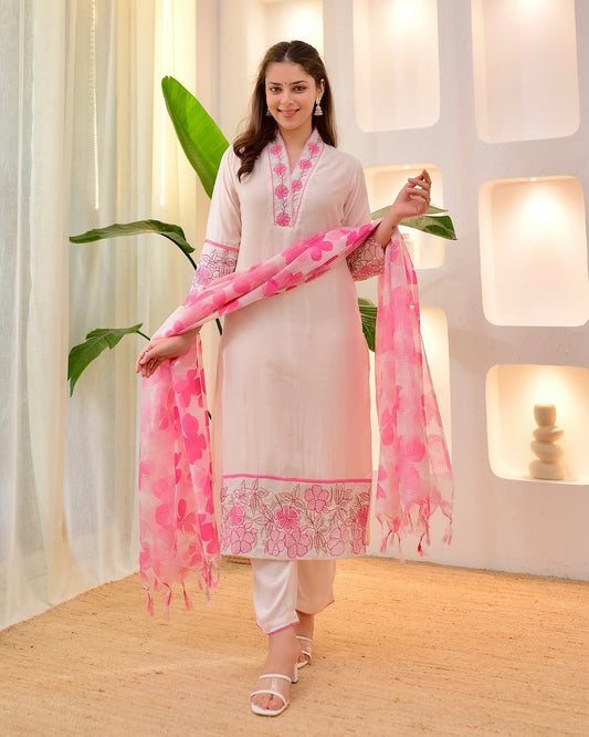 Elegant White Embroidered Suit Set with Dupatta