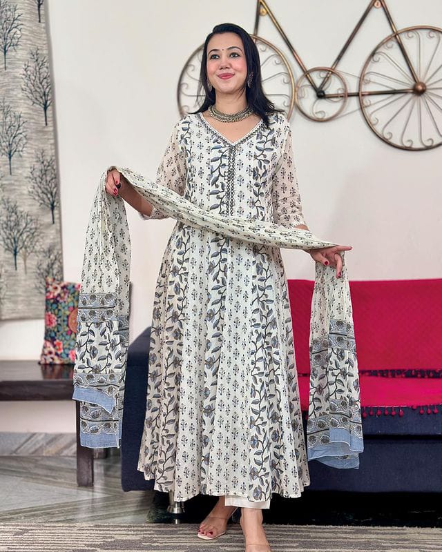 Anarkali White Printed Suit Set with Dupatta