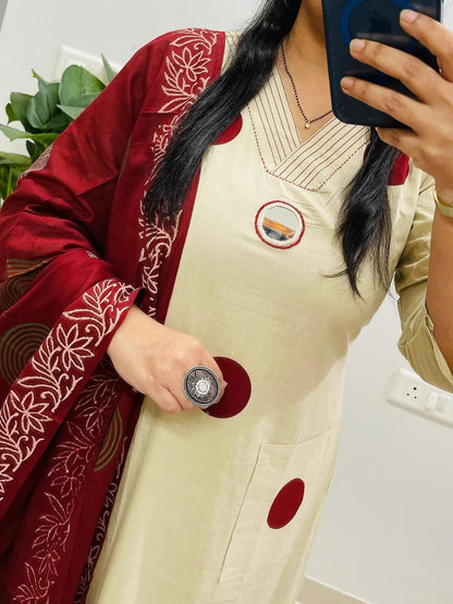 Cream Suit Set with Mehroon Dupatta