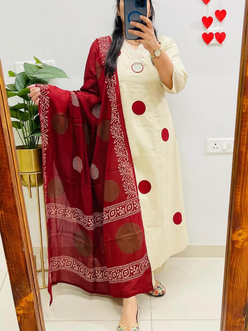 Cream Suit Set with Mehroon Dupatta