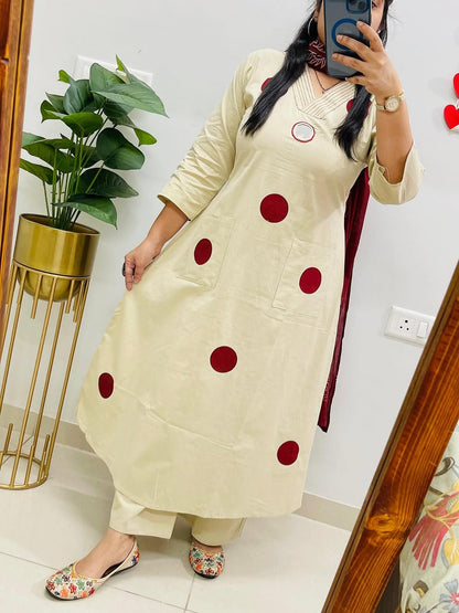 Cream Suit Set with Mehroon Dupatta