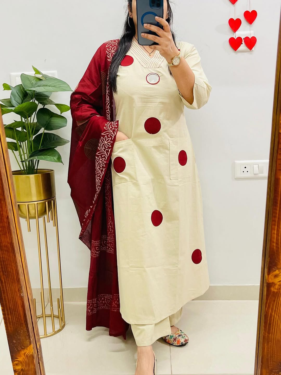 Cream Suit Set with Mehroon Dupatta