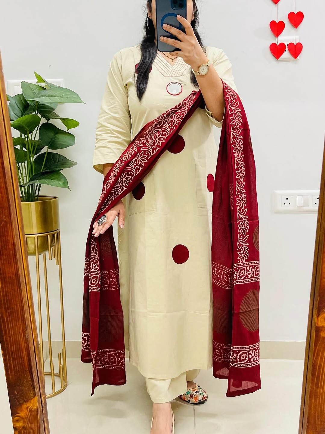 Cream Suit Set with Mehroon Dupatta