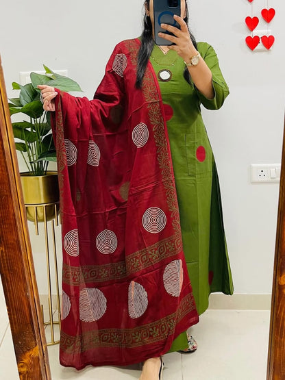 Green Suit Set with Mehroon Dupatta