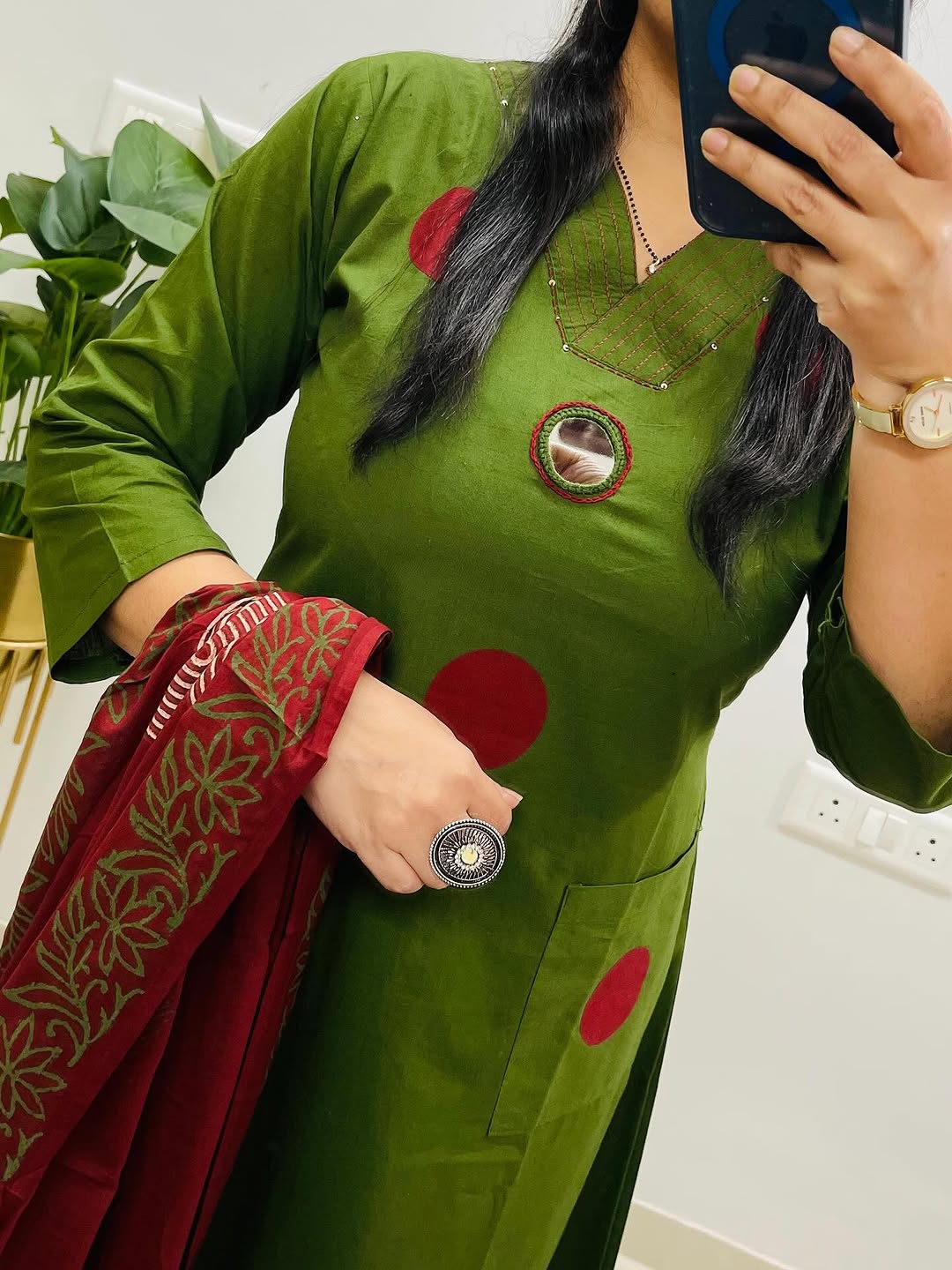 Green Suit Set with Mehroon Dupatta