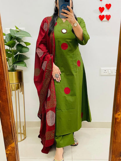 Green Suit Set with Mehroon Dupatta