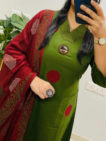 Green Suit Set with Mehroon Dupatta