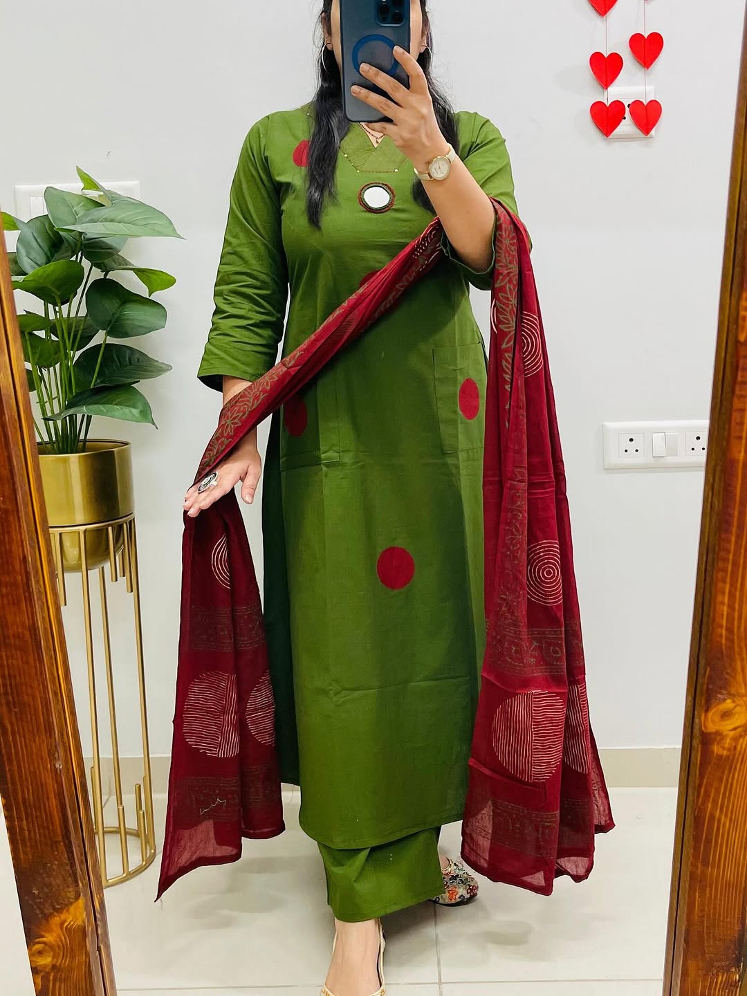 Green Suit Set with Mehroon Dupatta