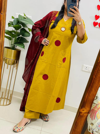 Yellow Suit Set with Mehroon Dupatta