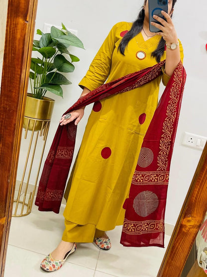 Yellow Suit Set with Mehroon Dupatta