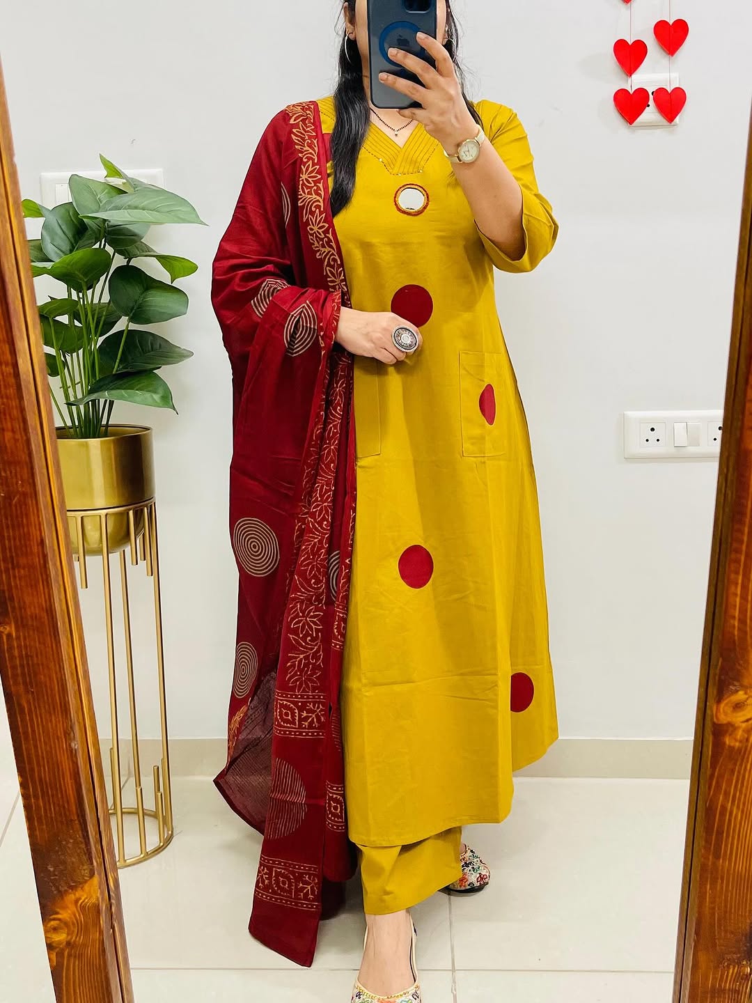 Yellow Suit Set with Mehroon Dupatta