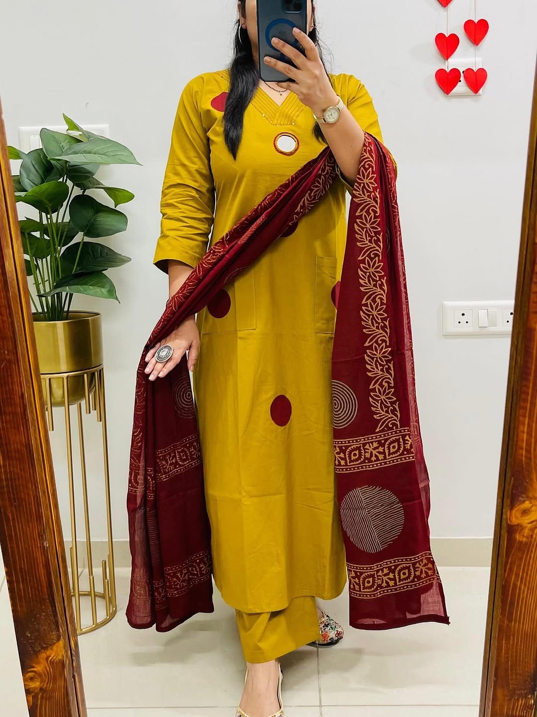 Yellow Suit Set with Mehroon Dupatta