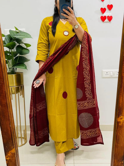 Yellow Suit Set with Mehroon Dupatta