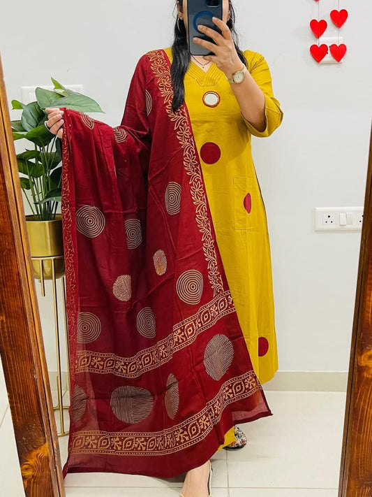 Yellow Suit Set with Mehroon Dupatta